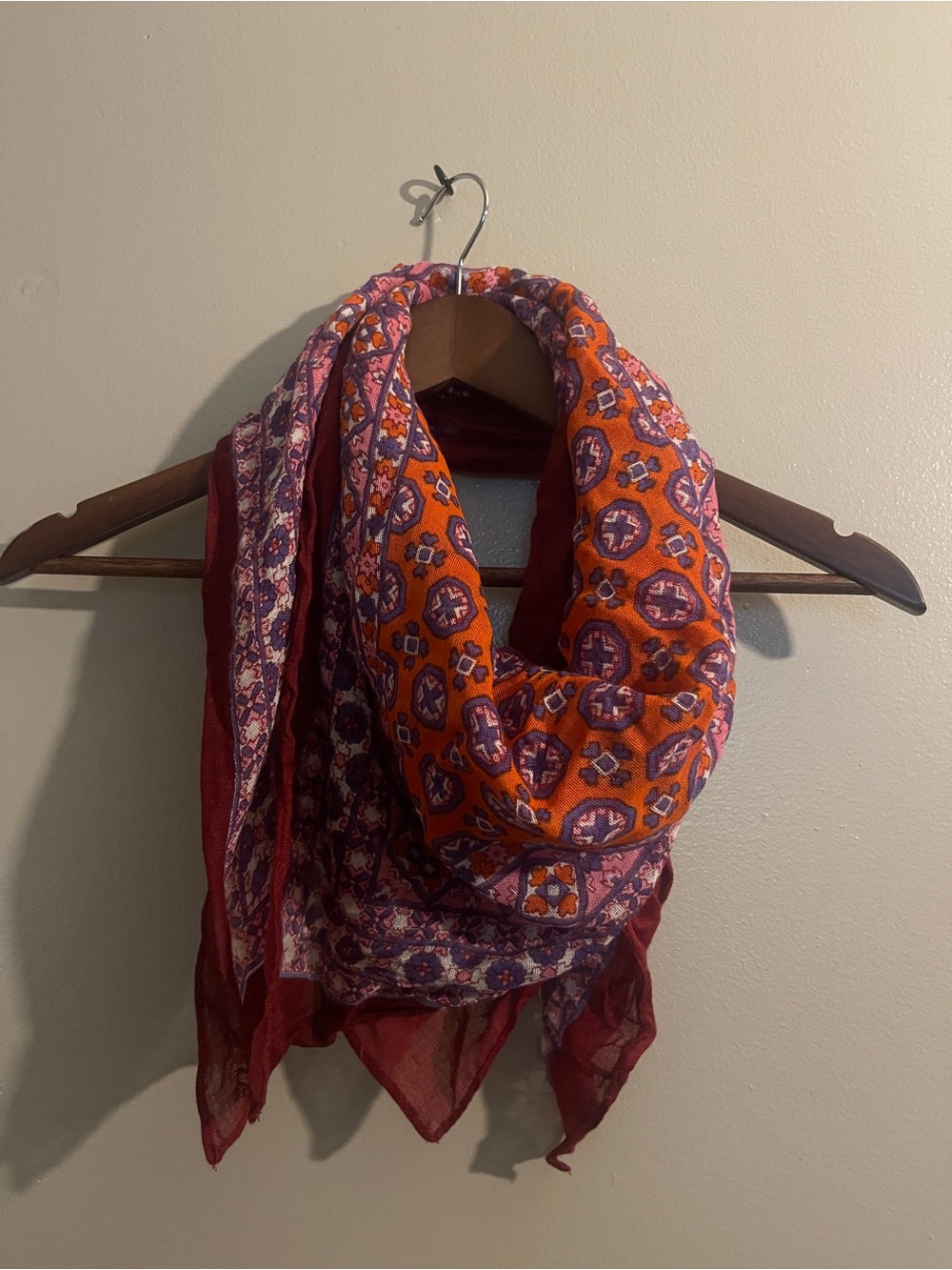 Vibrant Orange & Burgundy Patterned Lightweight Scarf